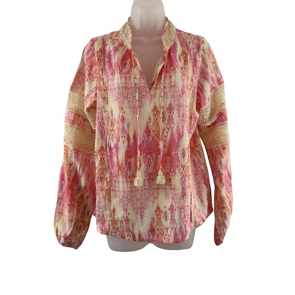 Stella Parker Printed Long Sleeve Top Womens Small Pink Bombay Damask Boho Lace - Picture 3 of 16